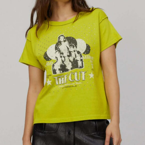Daydreamer The Cut Rhinestones Reverse Girlfriend Tee in Sour Apple Green - NWT - Picture 3 of 17